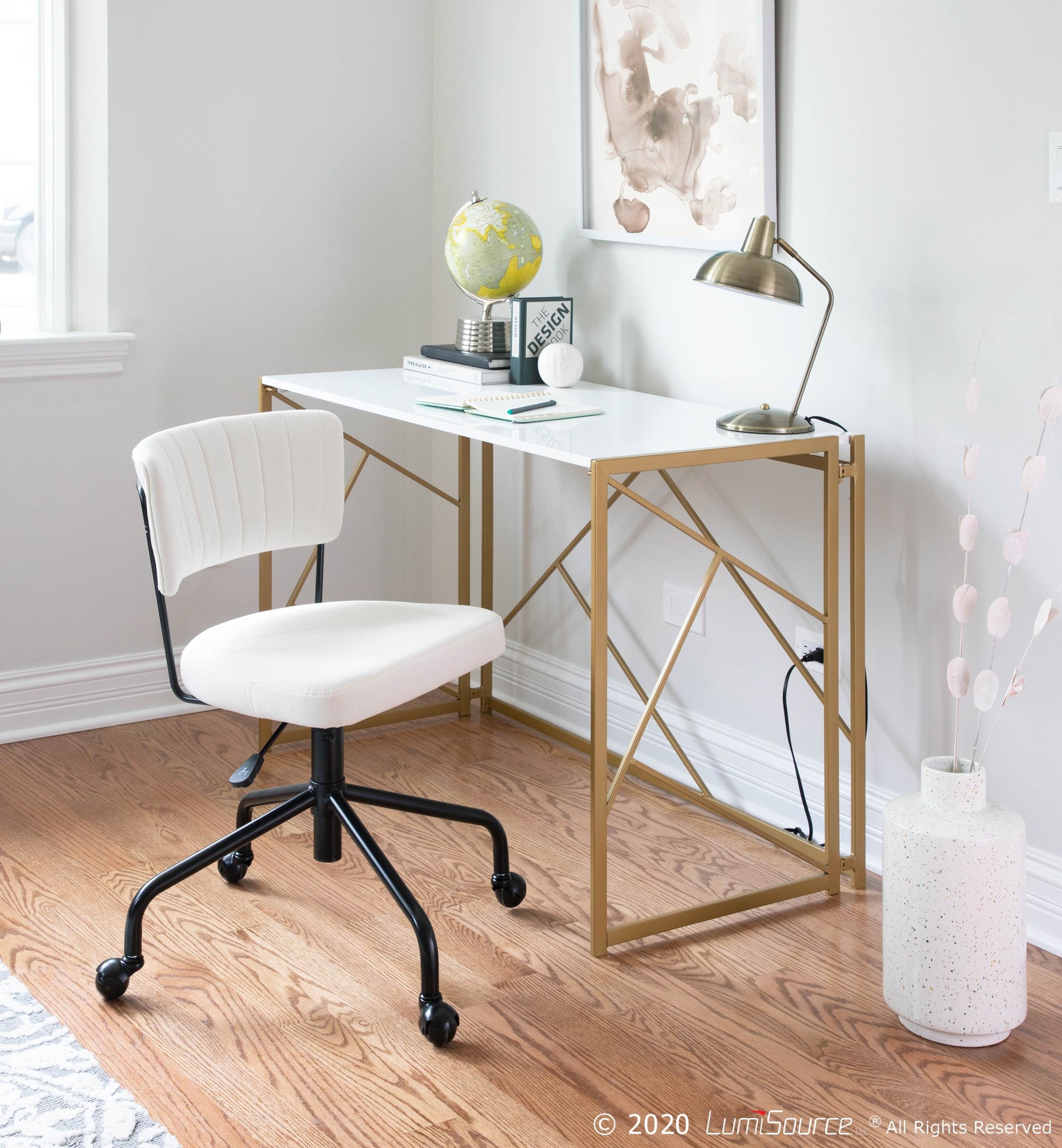 gold and white desk with drawers